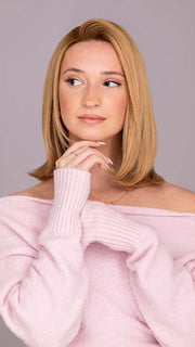 BREEZE by ELLEN WILLE in color Sandy Bonde Rooted | Medium Honey Blonde, Light Ash Blonde, and Lightest Reddish Brown blend with Dark Roots