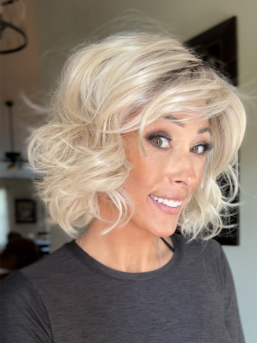 Nichole Corbett @nicholealee wearing BRIGHTON by ESTETICA in color SUNLIT-BLONDE | Soft Blend of Sandy Blonde, Lightest Blonde and Iced Blonde with a Light Golden Brown Root