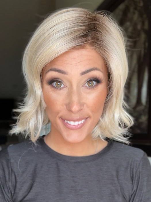 Nichole Corbett @nicholealee wearing BRIGHTON by ESTETICA in color SUNLIT-BLONDE | Soft Blend of Sandy Blonde, Lightest Blonde and Iced Blonde with a Light Golden Brown Root