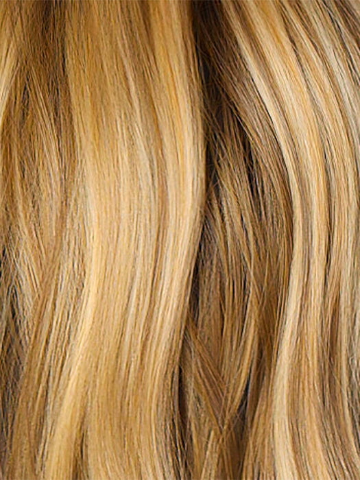 Bronzed Honey-R  | A perfect blend of rich, warm golden blond and medium chocolate brown tones, complemented by a dark chocolate root that adds a luxurious, dimensional effect. 