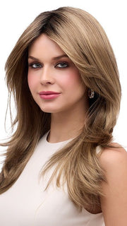 BROOKE by Envy in HONEY BREEZE | A blend of Cool, Honey Blonde and Multi-Dimensional Medium Brown with Darker Brown Roots