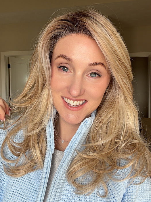 Carlyn @carlynwilson84 wearing BROOKLYN by BELLE TRESS in color MILKSHAKE BLONDE R | A mixture of Light Sandy Brown, Highlighted with Light Ash Blonde with a Hint of Light Platinum Blonde with a Medium Root Color