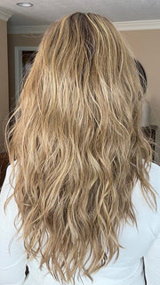 Sandy @i_be_wiggin wearing BROOKLYN by RENE OF PARIS in color MOCHACCINO-R | Rooted Medium Warm Blonde with Chocolate Undertones and Creamy Blonde Highlights
