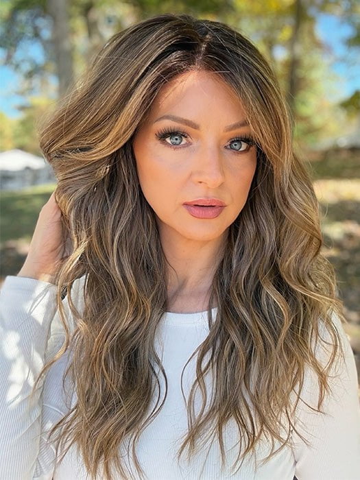 Sandy @i_be_wiggin wearing BROOKLYN by RENE OF PARIS in color MOCHACCINO-R | Rooted Medium Warm Blonde with Chocolate Undertones and Creamy Blonde Highlights