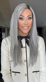 Nichole Corbett @nicholealee wearing BROOKLYN by RENE OF PARIS in color SILVER-BROWN-MR | Micro Root that transcends into Silver, Grey and Honey Brown Tones | styled with a flat iron for a sleeker look