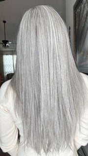Nichole Corbett @nicholealee wearing BROOKLYN by RENE OF PARIS in color SILVER-BROWN-MR | Micro Root that transcends into Silver, Grey and Honey Brown Tones | styled with a flat iron for a sleeker look