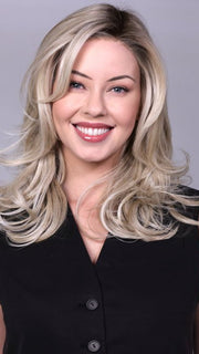 Model is wearing BROOKLYN in CRUSHED ALMOND BLONDE R | A soft Neutral Light Blonde with a Light and Medium Blended Root Color