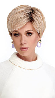 Model is wearing BRUSHED PIXIE by TRESSALLURE in color 24/102/R12 | Gold Blonde with Platinum highlights with Gold Brown roots