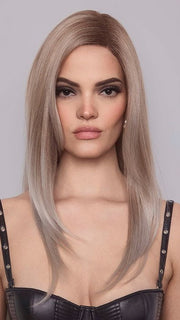 BRYONY by RENE OF PARIS in color MUSHROOM MELANGE | A modern mushroom blonde with a mid-brown root, featuring tones of cream, pale chocolate, and soft steel blonde. 