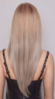 BRYONY by RENE OF PARIS in color MUSHROOM MELANGE | A modern mushroom blonde with a mid-brown root, featuring tones of cream, pale chocolate, and soft steel blonde. 