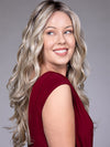 Model is wearing CAROLINA by BELLETRESS in color BUTTERBEER R | Dark Brown Base and Root that transitions smoothly into a buttery blonde, infused with creamy honey and toffee tones