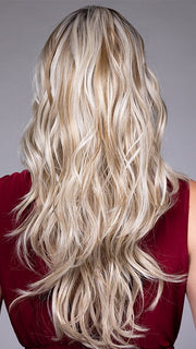 Model is wearing CAROLINA by BELLETRESS in color BUTTERBEER R | Dark Brown Base and Root that transitions smoothly into a buttery blonde, infused with creamy honey and toffee tones