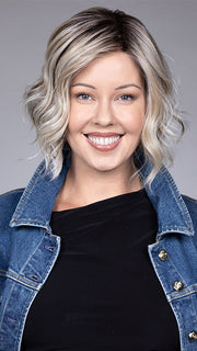 Model is wearing CLARE by BELLETRESS in color BUTTERBEER R | Dark Brown Base and Root that transitions smoothly into a buttery blonde, infused with creamy honey and toffee tones