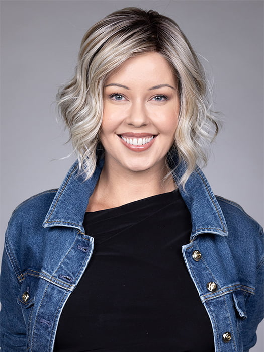 Model is wearing CLARE by BELLETRESS in color BUTTERBEER R | Dark Brown Base and Root that transitions smoothly into a buttery blonde, infused with creamy honey and toffee tones