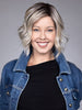 Model is wearing CLARE by BELLETRESS in color BUTTERBEER R | Dark Brown Base and Root that transitions smoothly into a buttery blonde, infused with creamy honey and toffee tones