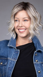 Model is wearing CLARE by BELLETRESS in color BUTTERBEER R | Dark Brown Base and Root that transitions smoothly into a buttery blonde, infused with creamy honey and toffee tones