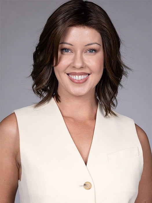 Model wearing CYRUS in color HAVANA BROWN R | A rich, medium neutral brown with minimal warm tones, offering a natural, sophisticated look. Softly rooted for added depth.