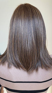 Eileen @crazywiglady is wearing CALABASAS by BELLE TRESS in color MOCHA MAPLE BROWN | A mix of Dark Brown, Medium Brown, Light Auburn, Medium Strawberry
