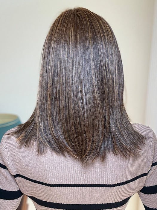 Eileen @crazywiglady is wearing CALABASAS by BELLE TRESS in color MOCHA MAPLE BROWN | A mix of Dark Brown, Medium Brown, Light Auburn, Medium Strawberry