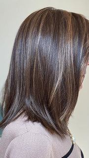Eileen @crazywiglady is wearing CALABASAS by BELLE TRESS in color MOCHA MAPLE BROWN | A mix of Dark Brown, Medium Brown, Light Auburn, Medium Strawberry