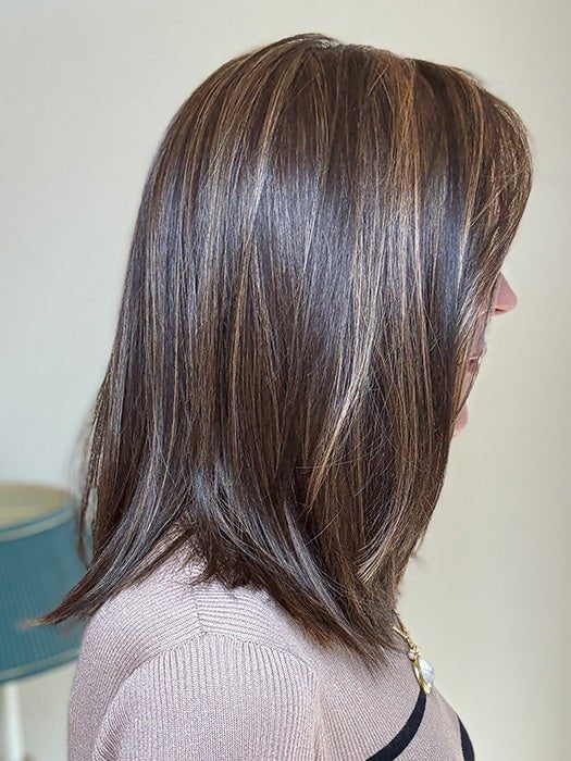 Eileen @crazywiglady is wearing CALABASAS by BELLE TRESS in color MOCHA MAPLE BROWN | A mix of Dark Brown, Medium Brown, Light Auburn, Medium Strawberry