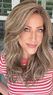 Kristyna Moore @kristynamoore wearing CAMBRIDGE by BELLE TRESS in color MACADAMIA LATTE R | A combination of Medium and Light Brown, highlighted with Light Gold Blonde, and a mixture of Ash Blonde and Light Gold Blonde, Rooted with Medium and Light Brown 