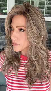 Kristyna Moore @kristynamoore wearing CAMBRIDGE by BELLE TRESS in color MACADAMIA LATTE R | A combination of Medium and Light Brown, highlighted with Light Gold Blonde, and a mixture of Ash Blonde and Light Gold Blonde, Rooted with Medium and Light Brown 