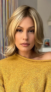 Roxie wearing CAMERON LARGE by JON RENAU in 12FS8 SHADED PRALINE | Light Gold Brown, Light Natural Gold Blonde & Pale Natural Gold-Blonde Blend, Shaded with Medium Brown