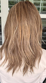 Kristyna Moore @kristynamoore wearing CAPRI by BELLE TRESS in color MACADAMIA LATTE R | A combination of Medium and Light Brown, highlighted with Light Gold Blonde, and a mixture of Ash Blonde and Light Gold Blonde, Rooted with Medium and Light Brown 