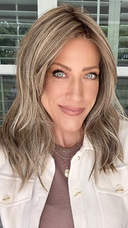 Kristyna Moore @kristynamoore wearing CAPRI by BELLE TRESS in color MACADAMIA LATTE R | A combination of Medium and Light Brown, highlighted with Light Gold Blonde, and a mixture of Ash Blonde and Light Gold Blonde, Rooted with Medium and Light Brown 