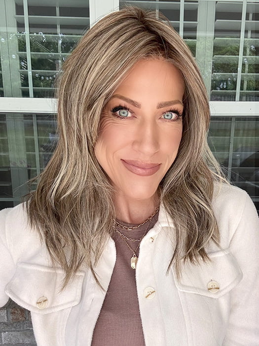 Kristyna Moore @kristynamoore wearing CAPRI by BELLE TRESS in color MACADAMIA LATTE R | A combination of Medium and Light Brown, highlighted with Light Gold Blonde, and a mixture of Ash Blonde and Light Gold Blonde, Rooted with Medium and Light Brown 