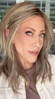 Kristyna Moore @kristynamoore wearing CAPRI by BELLE TRESS in color MACADAMIA LATTE R | A combination of Medium and Light Brown, highlighted with Light Gold Blonde, and a mixture of Ash Blonde and Light Gold Blonde, Rooted with Medium and Light Brown 