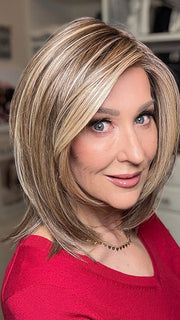 Eileen @crazywiglady is wearing CARDIFF by BELLE TRESS in color MACADAMIA LATTE R | A combination of Medium and Light Brown, highlighted with Light Gold Blonde, and a mixture of Ash Blonde and Light Gold Blonde, Rooted with Medium and Light Brown