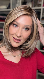 Eileen @crazywiglady is wearing CARDIFF by BELLE TRESS in color MACADAMIA LATTE R | A combination of Medium and Light Brown, highlighted with Light Gold Blonde, and a mixture of Ash Blonde and Light Gold Blonde, Rooted with Medium and Light Brown