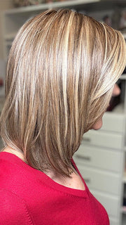 Eileen @crazywiglady is wearing CARDIFF by BELLE TRESS in color MACADAMIA LATTE R | A combination of Medium and Light Brown, highlighted with Light Gold Blonde, and a mixture of Ash Blonde and Light Gold Blonde, Rooted with Medium and Light Brown