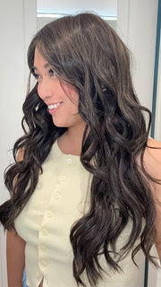Katrina Lacasma and Arlah Soriano @wearthehairsis is wearing CAROLINA by BELLE TRESS in color COOLEST DARK BROWN R | A Rich A combination of Light Ash Brown, Cool Medium Brown and a hint of Dark Blonde