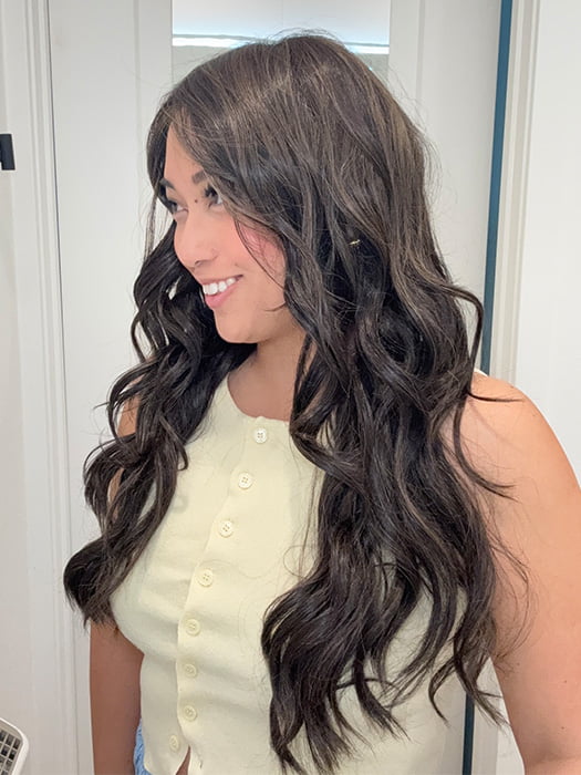 Katrina Lacasma and Arlah Soriano @wearthehairsis is wearing CAROLINA by BELLE TRESS in color COOLEST DARK BROWN R | A Rich A combination of Light Ash Brown, Cool Medium Brown and a hint of Dark Blonde