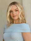 Model is wearing CARRIE by JON RENAU in color 101/88/27S8 CATALINA BLONDE | Pale blonde with Pure White Natural Violet halo highlights, shaded medium brown
