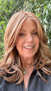Susan @an_affair_with_hair wearing ZARA LITE by JON RENAU in color FS27 STRAWBERRY SYRUP | Medium Red-Gold Blonde with Gold Blonde Bold Highlights