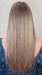 Kim Hammon @letstalkwithkim wearing CHAMPION by BELLE TRESS in color BROWN SUGAR COOKIE R | The roots are a Rich Brown Tone that seamlessly transitions into a Warm, Golden-Brown base. Delicate highlights in honey and toffee tones add dimension
