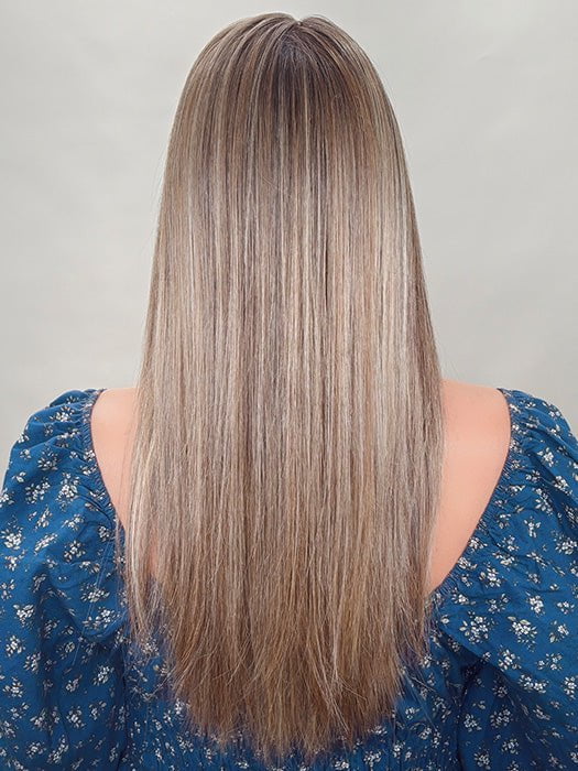 Kim Hammon @letstalkwithkim wearing CHAMPION by BELLE TRESS in color BROWN SUGAR COOKIE R | The roots are a Rich Brown Tone that seamlessly transitions into a Warm, Golden-Brown base. Delicate highlights in honey and toffee tones add dimension