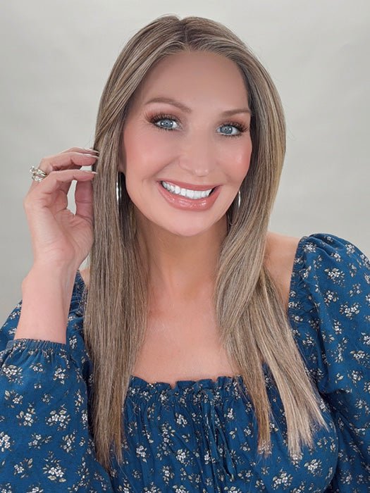 Kim Hammon @letstalkwithkim wearing CHAMPION by BELLE TRESS in color BROWN SUGAR COOKIE R | The roots are a Rich Brown Tone that seamlessly transitions into a Warm, Golden-Brown base. Delicate highlights in honey and toffee tones add dimension