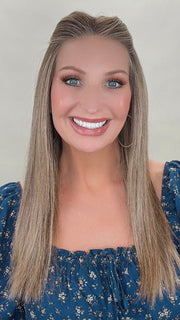 Kim Hammon @letstalkwithkim wearing CHAMPION by BELLE TRESS in color BROWN SUGAR COOKIE R | The roots are a Rich Brown Tone that seamlessly transitions into a Warm, Golden-Brown base. Delicate highlights in honey and toffee tones add dimension