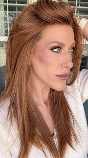 Kristyna Moore @kristynamoore wearing CHAMPION by BELLE TRESS in color AUBURN SPICE R | A Deep Auburn Shade with Darker Roots and subtle highlights in Copper and Golden Spice Tone
