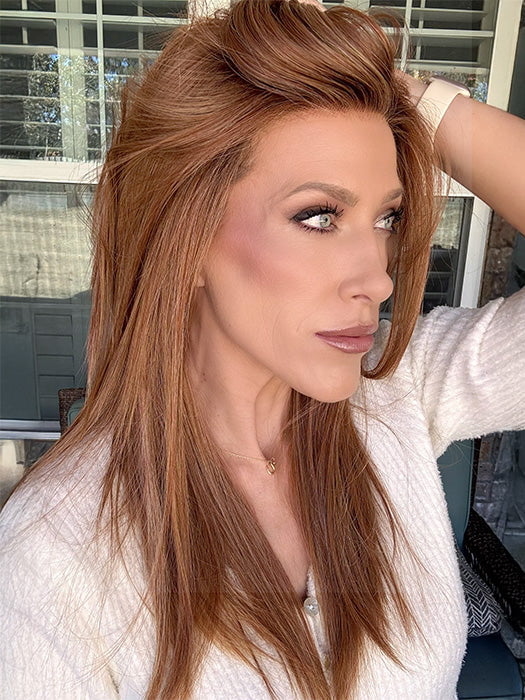 Kristyna Moore @kristynamoore wearing CHAMPION by BELLE TRESS in color AUBURN SPICE R | A Deep Auburn Shade with Darker Roots and subtle highlights in Copper and Golden Spice Tone