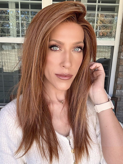 Kristyna Moore @kristynamoore wearing CHAMPION by BELLE TRESS in color AUBURN SPICE R | A Deep Auburn Shade with Darker Roots and subtle highlights in Copper and Golden Spice Tone