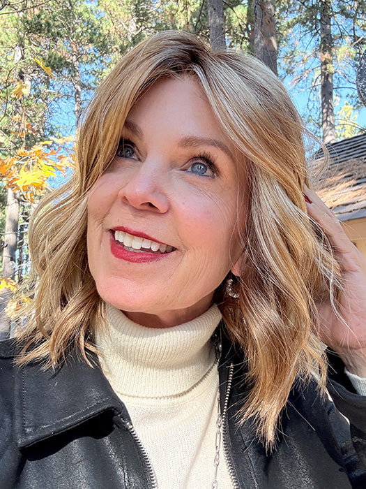 Susan Sparks @an_affair_with_hair wearing CHARLOTTE by ENVY in color PLATINUM SHADOW | Light Blonde with Dark Roots