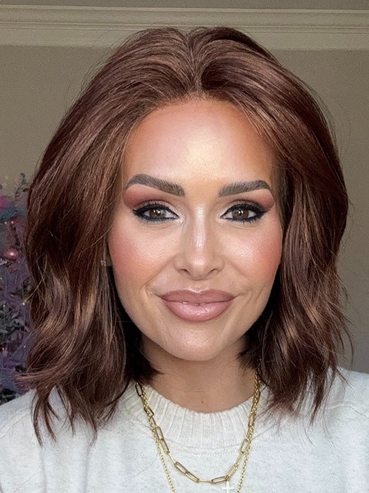 Crystal @crystallhoneycutt wearing CHARLOTTE LARGE by ENVY in color CINNAMON RAISIN | Medium Brown with Auburn and Cinnamon highlights  