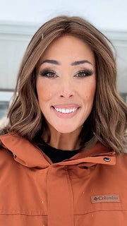Nichole Corbett @nicholealee wearing Charlotte by Envy in color AMARETTO CREAM | Dark Brown roots with overall Medium Brown base with Honey Blonde highlights