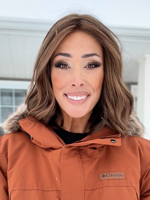 Nichole Corbett @nicholealee wearing Charlotte by Envy in color AMARETTO CREAM | Dark Brown roots with overall Medium Brown base with Honey Blonde highlights